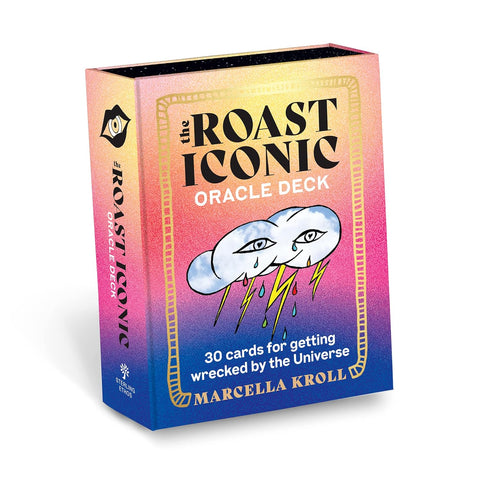 Orakulo kortos The Roast Iconic dėžutė, 30 kortų, rožinė–mėlyna gradientinė pakuotė su debesėliu ir žaibais