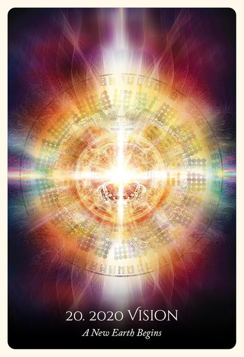 Tarot korta 2020 Vision su auksine mandala ir spindinčia vertikalia šviesa, centre karūna, pabrėžianti naujos Žemės temą