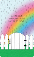 Plakatas su baltu tvoros vartais prieš pastelinę vaivorykštę ir anglų užrašu "Setting clear boundaries is an act of self‑love", skirtas sienai