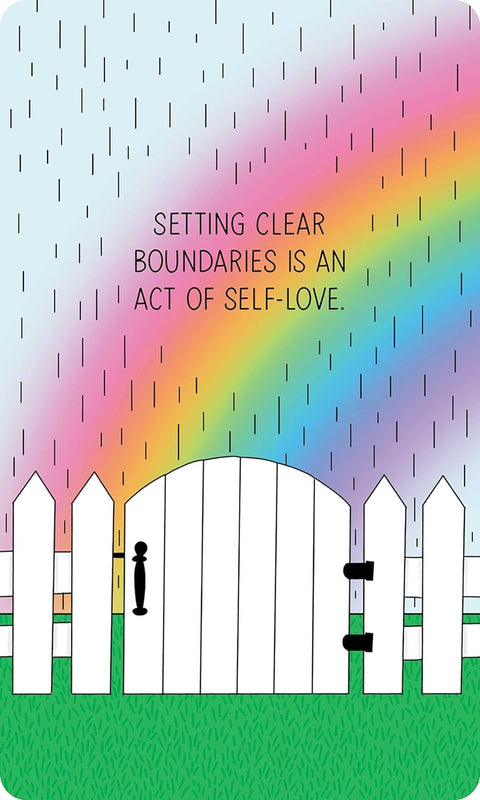 Plakatas su baltu tvoros vartais prieš pastelinę vaivorykštę ir anglų užrašu "Setting clear boundaries is an act of self‑love", skirtas sienai