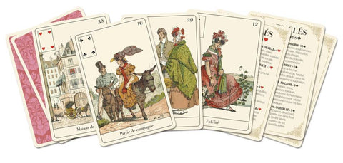 Lenormand kortos klasikinės iliustruotos, išskleistos ventyne rodant priekines kortas, nugarėlę ir aiškinimų lapą