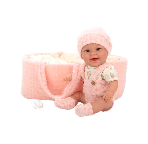 Arias kūdikio lėlė mergaitė 33 cm su rožine nešykle ir čiulptuku