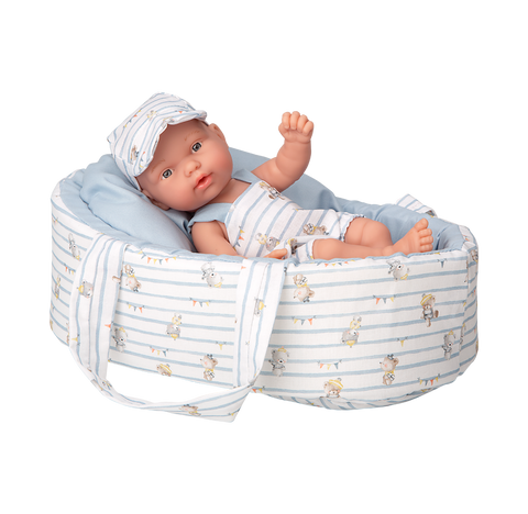 Arias kūdikėlis 26 cm, žydra nešyklė su meškiukais, vinilas