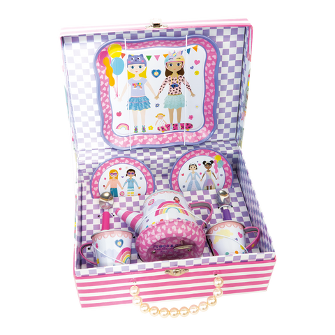 Muzikinis arbatos servizas vaikams „Geriausios draugės“, 9 dalių – Floss & Rock, su grojančiu arbatinuku lagaminėlyje