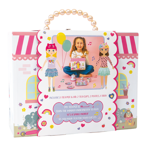 Muzikinis arbatos servizas vaikams „Geriausios draugės“, 9 dalių – Floss & Rock, su grojančiu arbatinuku lagaminėlyje