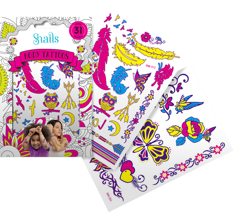 SNAILS neoninės laikinos kūno tatuiruotės vaikams, 31 vnt., vandeniui atsparios