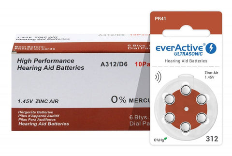 Everactive Ultrasonic 312 PR41 klausos aparatų baterijos, 60 vnt.