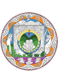 Mandala su šeima centre, dalinai nuspalvinta oranžine, mėlyna ir žalia, apsupta gyvūnų ir dekoratyvaus rėmo