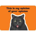 Pelės kilimėlis oranžiniame fone su juodu ilgaplaukiu katinu iškišusiu liežuvį ir užrašu This is my opinion of your opinion, mažas dydis