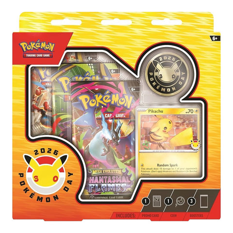 Pokémon Day 2026 kolekcinė dėžutė su Pikachu kortele ir boosteriais