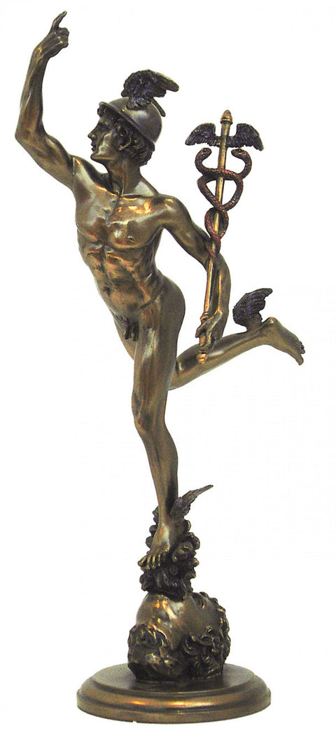 Statuetė Merkurijus bronzinė, aukštis apie 36 cm, skrendantis profilis su kaduceju ir sparneliais ant šalmo bei kulnų