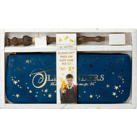 Ollivanders penalas tamsiai mėlynas su auksinėmis žvaigždėmis, segamas užtrauktuku, komplekte senosios valdovės lazdos rašiklis