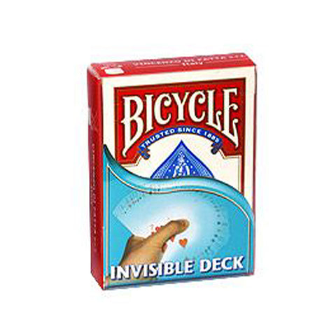 Bicycle Invisible Deck kortų rinkinys raudonoje dėžutėje su mėlynu skydu ir ranka, demonstruojančia širdies kortą
