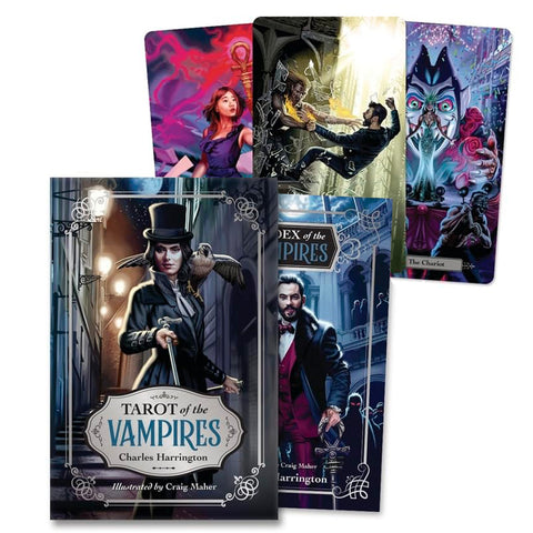Tarot kortos 'Tarot of the Vampires' – viktorijinis gotikinis dėklas su vampyrišku personažu ir kelios spalvingos pavyzdinės kortos