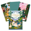 tarot kortos Woodland Fairy Tale komplektas su gidų knygele ir trimis atverstomis kortomis, spalvotos iliustracijos ir dėžutės priekinis viršelis matomas