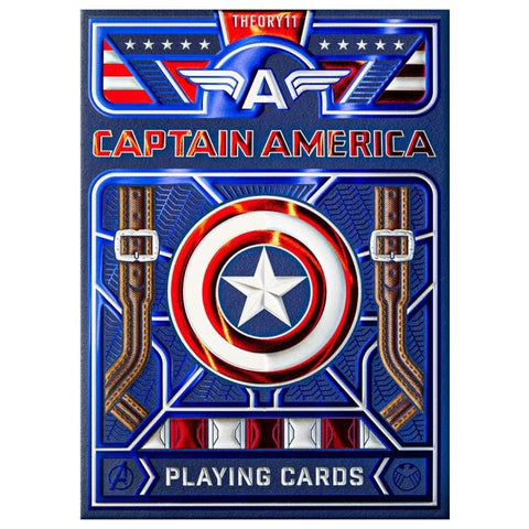 Captain America žaidimo kortos (Theory11) mėlyname metalizuotame dėkle su raudonai-baltu skydžiu ir dirželio motyvu