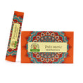 Palo santo smilkalai Namaste India, oranžinė masala pakuotė su mandalos raštu, priekinė dėžutė ir siauresnė stovinti pakuotė