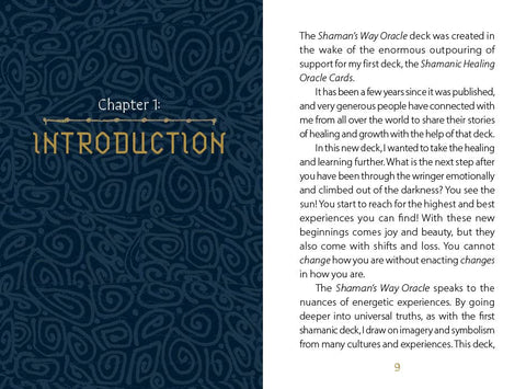 Shaman's Way Oracle vadovas – atverstas vidinis puslapis su Introduction antrašte ir tamsiai mėlynu ornamentu šone