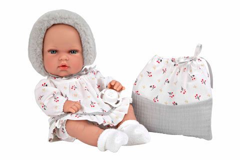 Arias realistiška kūdikio lėlė mergaitė 30 cm su čiulptuku, pilka kepurytė