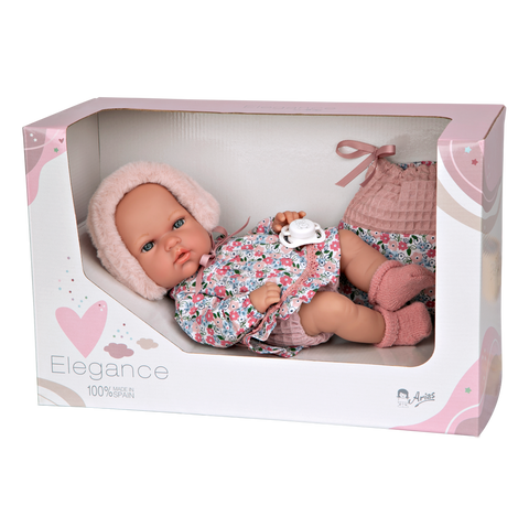 Arias realistiška lėlytė mergaitė 30 cm, su čiulptuku, rožine kepuryte, maudoma