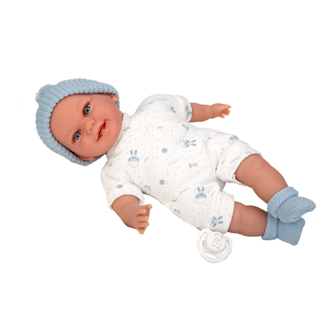 Arias kūdikėlis lėlė su garsu, žydra kepurė, čiulptukas, 34 cm