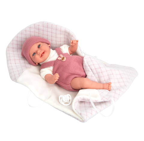 Arias realistiška kūdikio lėlė 35 cm su rožine mova, čiulptuku ir pledu