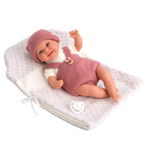 Arias realistiška kūdikio lėlė 35 cm su rožine mova, čiulptuku ir pledu
