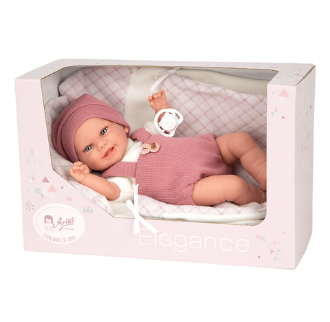 Arias realistiška kūdikio lėlė 35 cm su rožine mova, čiulptuku ir pledu