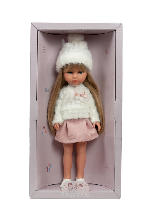 Vinilinė lėlė Carlota 36 cm su šukuojamais plaukais ir pūkuotu megztiniu