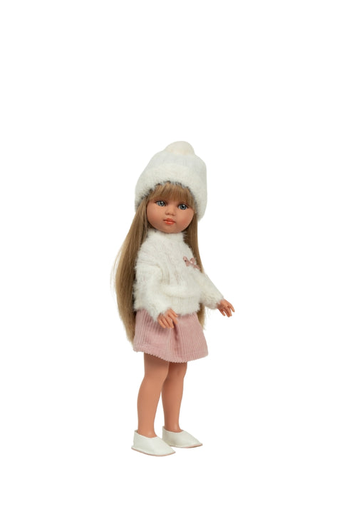 Vinilinė lėlė Carlota 36 cm su šukuojamais plaukais ir pūkuotu megztiniu