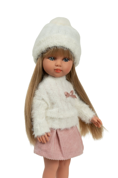 Vinilinė lėlė Carlota 36 cm su šukuojamais plaukais ir pūkuotu megztiniu