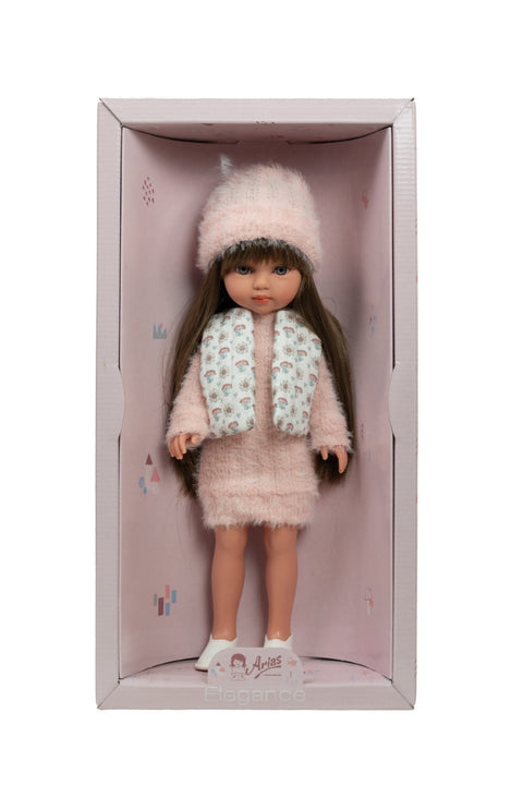 Vinilinė lėlė Carlota 36 cm su pūkuota rožine suknele, šukuojami plaukai