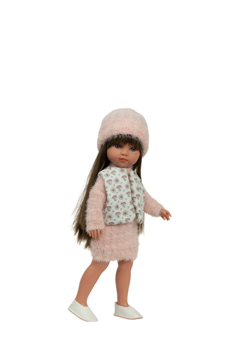 Vinilinė lėlė Carlota 36 cm su pūkuota rožine suknele, šukuojami plaukai