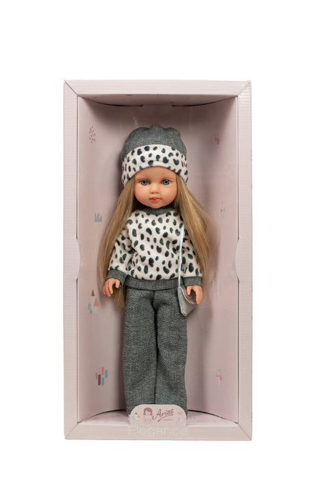 Lėlė mergaitė Carlota 36 cm – vinilinė, šukuojamais plaukais, pilki rūbai
