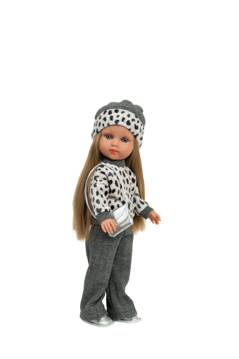 Lėlė mergaitė Carlota 36 cm – vinilinė, šukuojamais plaukais, pilki rūbai