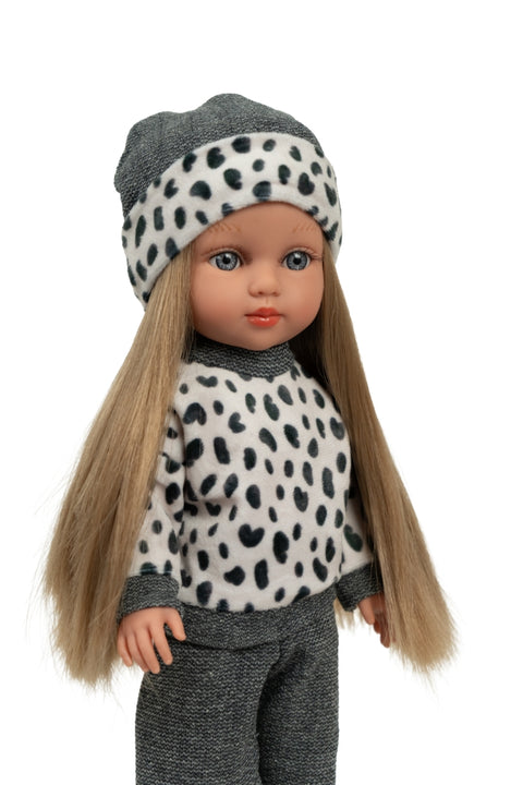 Lėlė mergaitė Carlota 36 cm – vinilinė, šukuojamais plaukais, pilki rūbai