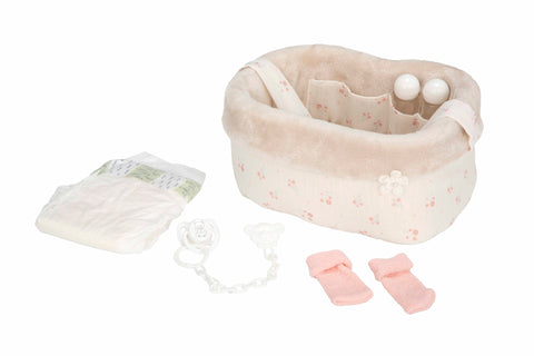 Arias kūdikio lėlei aksesuarų rinkinys 10v1, tamsiai rožinis su krepšeliu