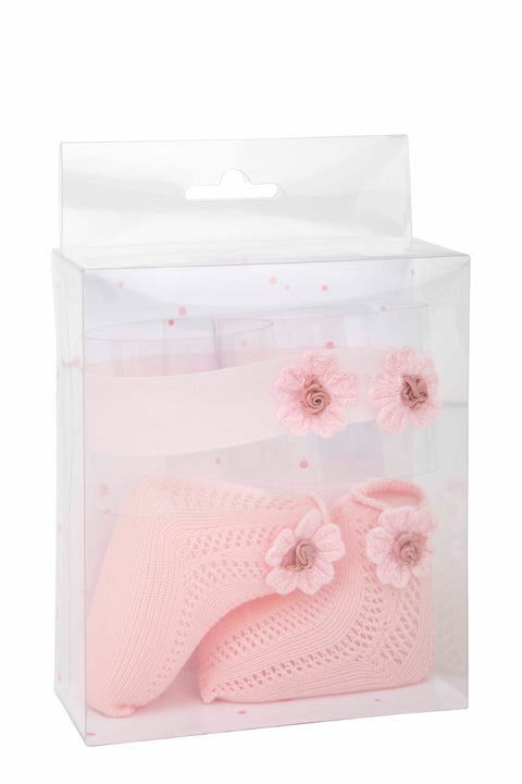 Arias lėlei: rožinis nertų kojinyčių ir lankelio rinkinys, 40–45 cm