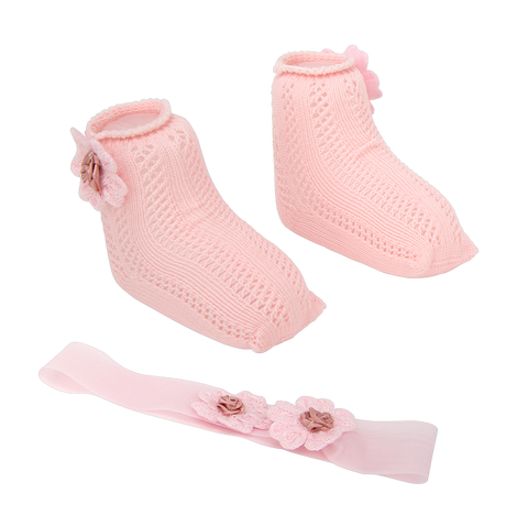 Arias lėlei: rožinis nertų kojinyčių ir lankelio rinkinys, 40–45 cm