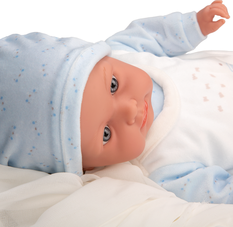 Arias verkiančios lėlės kūdikėlis, 42 cm, su garsu, žydri rūbeliai