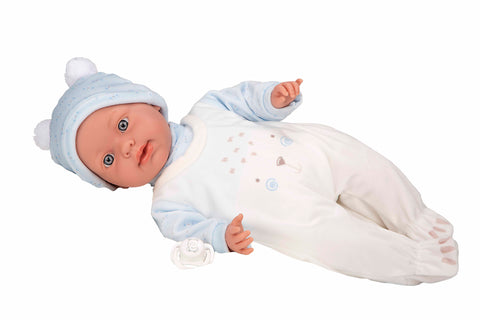 Arias verkiančios lėlės kūdikėlis, 42 cm, su garsu, žydri rūbeliai