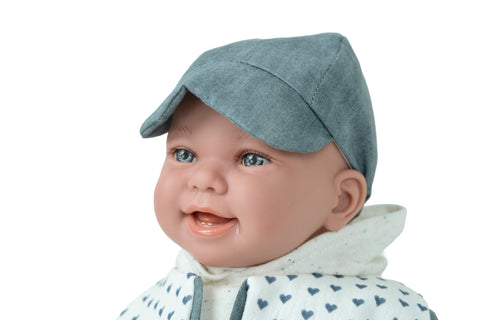 Juokianti kūdikio lėlė berniukas 45 cm su čiulptuku, garsais ir rūbeliais