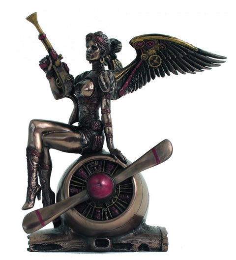 Statuetė steampunk angelas bronzinis, su mechaninėmis ratuotomis sparnais ir rožiniais akcentais, sėdi ant lėktuvo propelerio