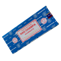 Nag Champa smilkalai Satya, mėlyna 250 g pakuotė pavaizduota kampu, matoma aiški etiketė ir eksportinė žyma
