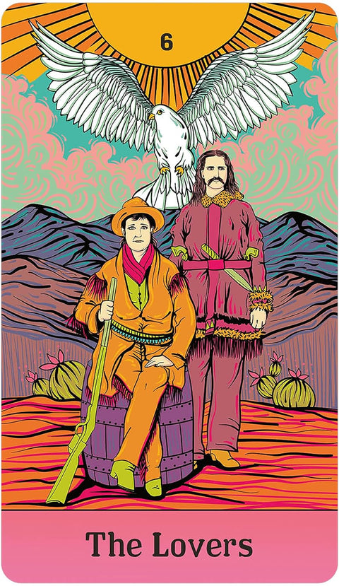 Tarot korta The Lovers, ryškios spalvos variantas su numeriu 6, baltu vanagu virš poros ir kalnų fone