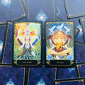 tarot kortos – dvi iliustruotos kortos (XIII Union ir XIV Self) ant tamsiai mėlyno žvaigždėto fono, ryškios detalės ir skirtingos spalvų paletės