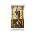 Tarot korta Pakabintas žmogus, retro iliustracija su raudona ir geltona apranga, viena iš kortų komplekto variantų
