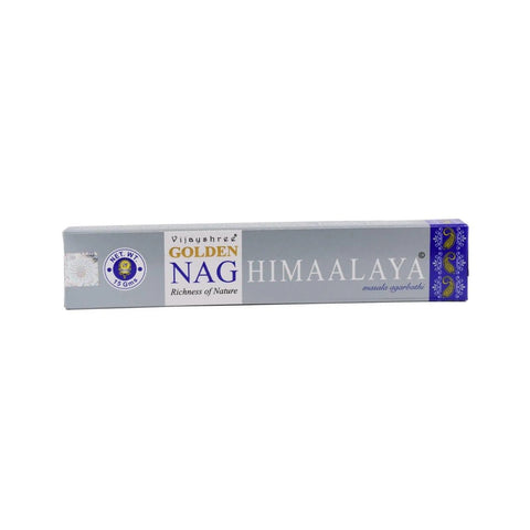 Aromatiniai smilkalai Golden Nag Himaalaya 15 g, pilkai‑mėlyna dėžutė su matoma priekinės pakuotės etikete ir logotipu
