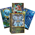 Tarot kortos Illuminati – spalvinga dėžutė su trijų kortų pavyzdžiais fanuotu išdėstymu ir aukso akcentais