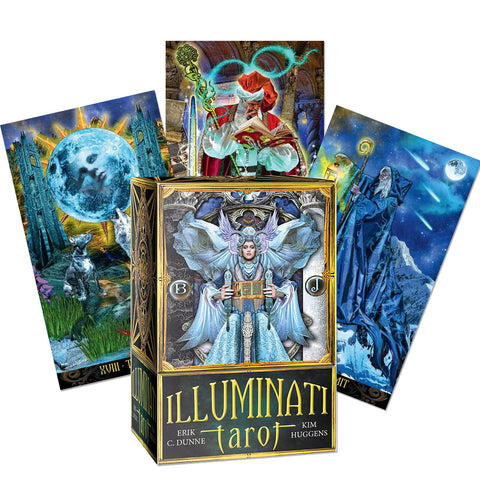 Tarot kortos Illuminati – spalvinga dėžutė su trijų kortų pavyzdžiais fanuotu išdėstymu ir aukso akcentais